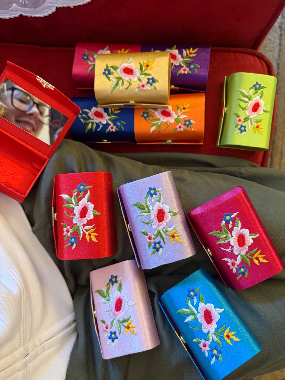 Real silk Embroidered Floral Compact Mirror Case for carrying lipstick or $